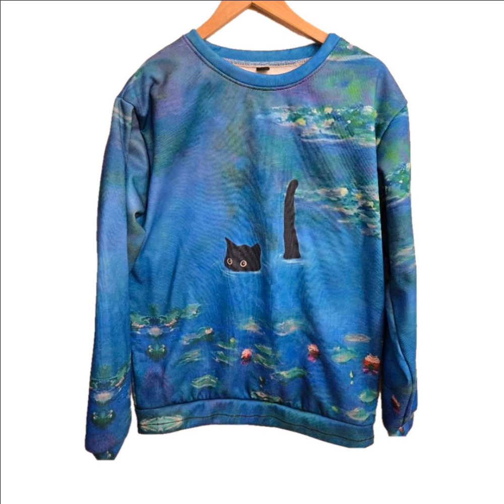 Cat in Water Lilies Claude Monet Sweatshirt Large Blue Green
